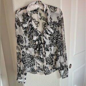 White House Black Market Black and White Ruffle Blouse